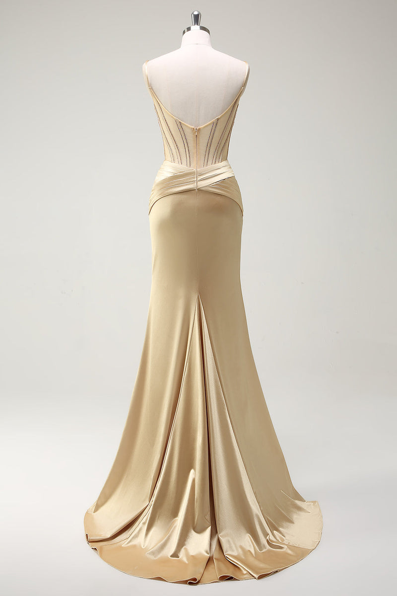 Load image into Gallery viewer, Mermaid Golden Corset Long Prom Dress with Slit