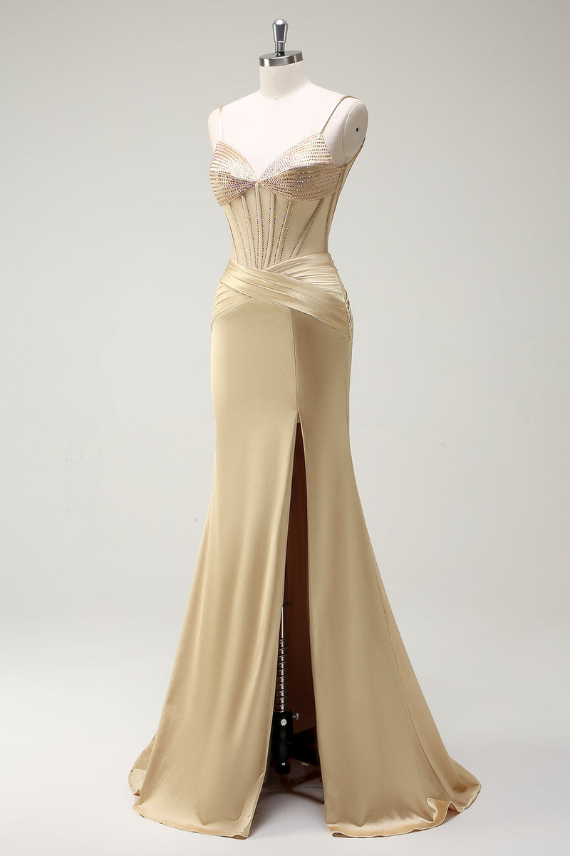 Load image into Gallery viewer, Mermaid Golden Corset Long Prom Dress with Slit
