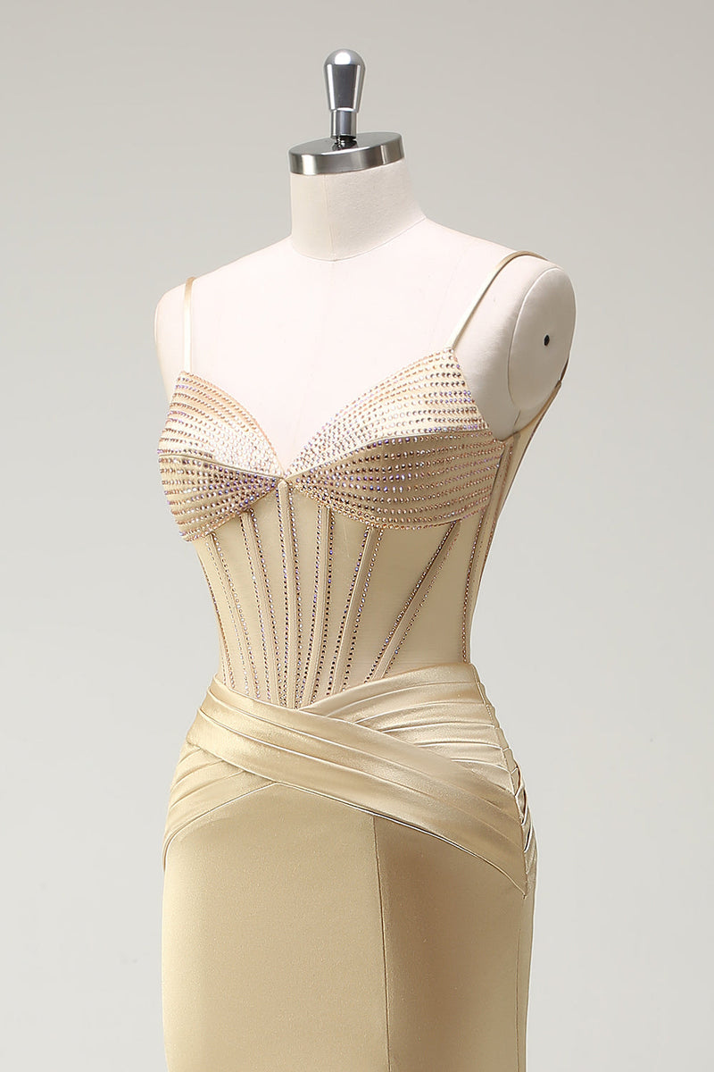 Load image into Gallery viewer, Mermaid Golden Corset Long Prom Dress with Slit