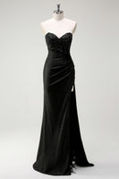Load image into Gallery viewer, Sparkly Strapless Black Sequin Prom Dress With Slit