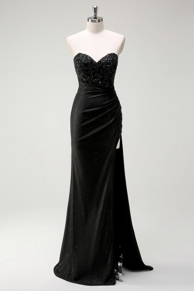 Load image into Gallery viewer, Sparkly Strapless Black Sequin Prom Dress With Slit