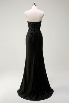 Sparkly Strapless Black Sequin Prom Dress With Slit
