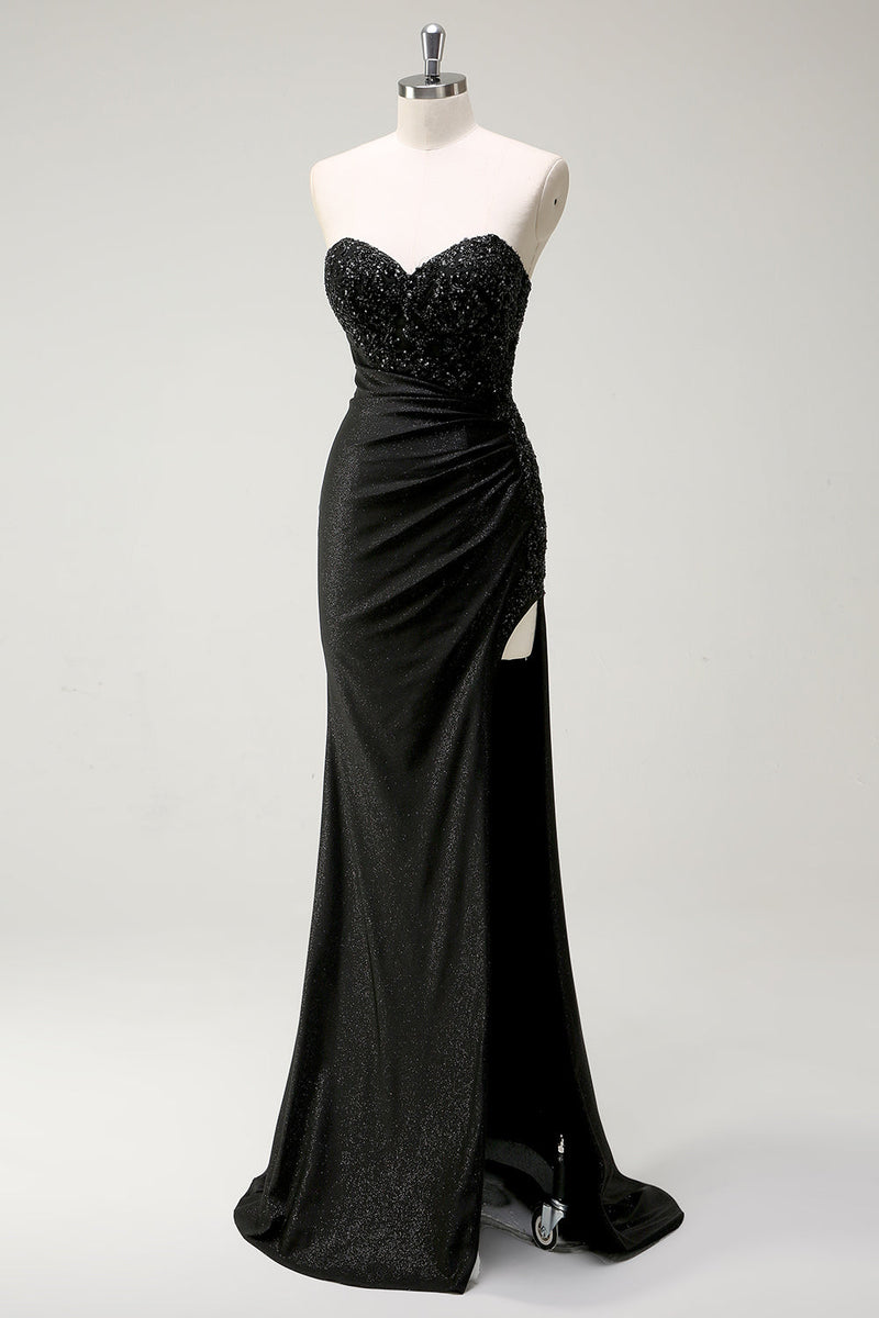 Load image into Gallery viewer, Sparkly Strapless Black Sequin Prom Dress With Slit