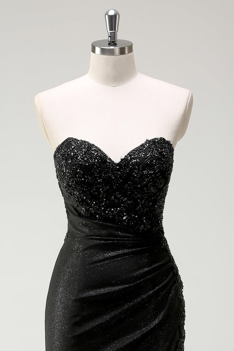 Load image into Gallery viewer, Sparkly Strapless Black Sequin Prom Dress With Slit