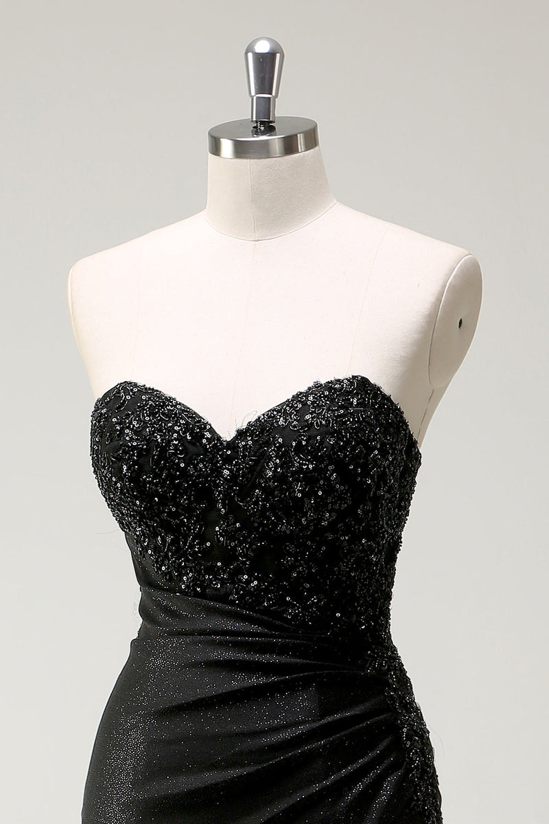 Load image into Gallery viewer, Sparkly Strapless Black Sequin Prom Dress With Slit