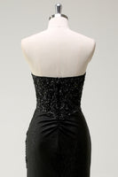 Load image into Gallery viewer, Sparkly Strapless Black Sequin Prom Dress With Slit
