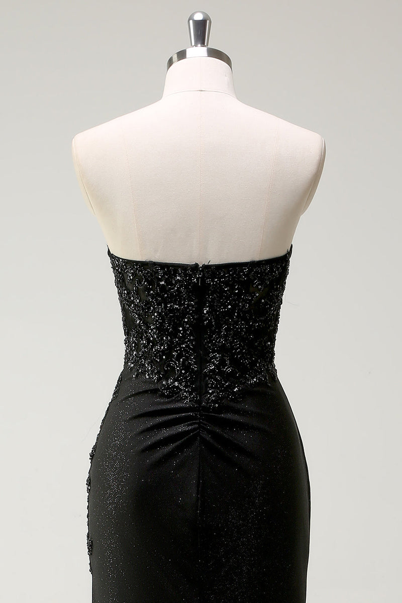 Load image into Gallery viewer, Sparkly Strapless Black Sequin Prom Dress With Slit