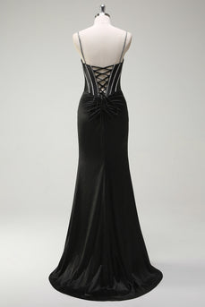 Black Mermaid Corset Spaghetti Straps Prom Dress With Slit