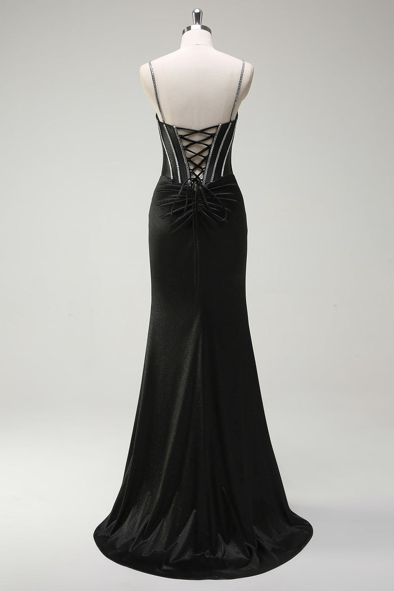 Load image into Gallery viewer, Black Mermaid Corset Spaghetti Straps Prom Dress With Slit