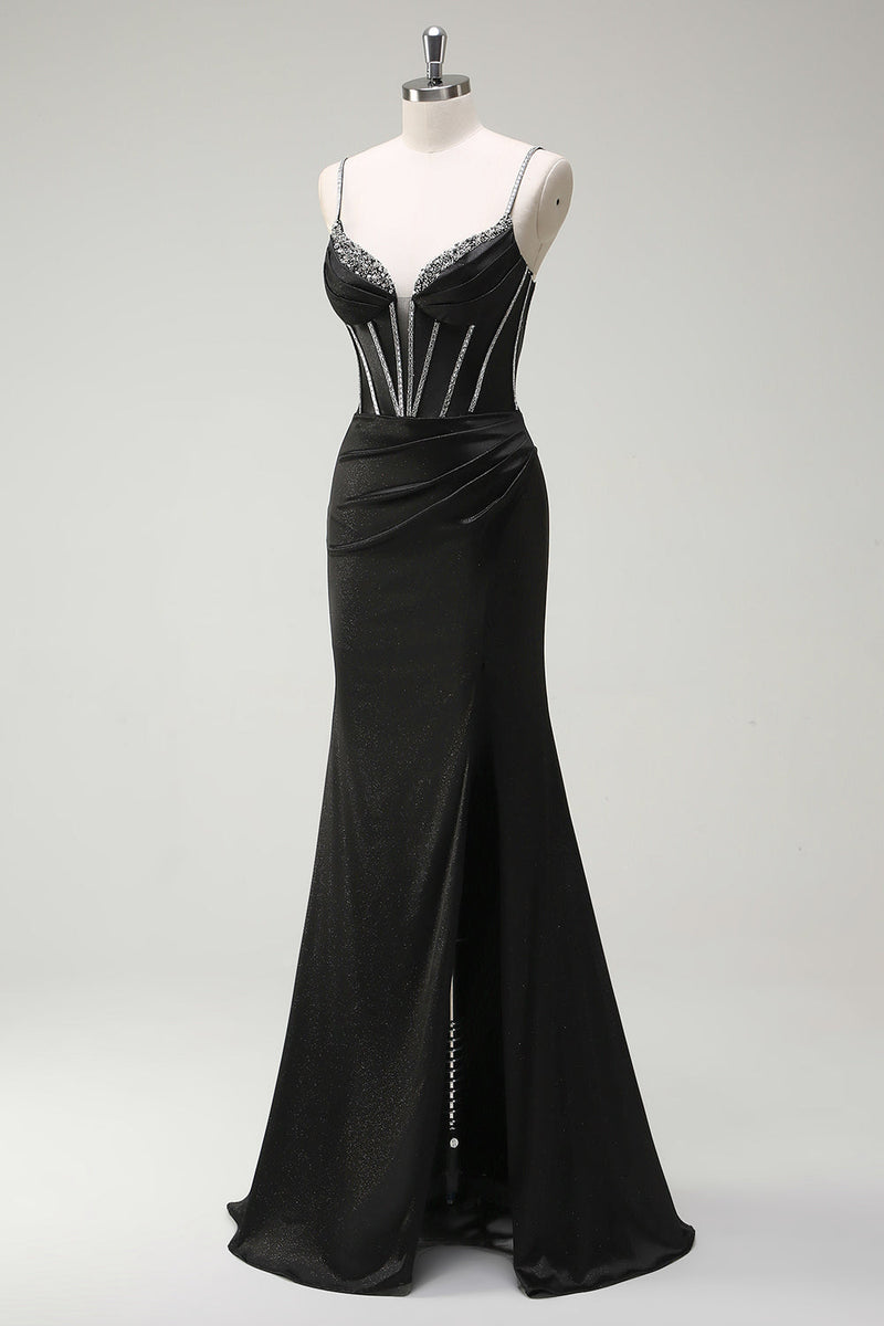 Load image into Gallery viewer, Black Mermaid Corset Spaghetti Straps Prom Dress With Slit
