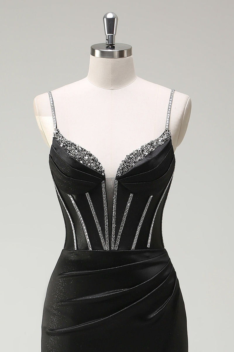 Load image into Gallery viewer, Black Mermaid Corset Spaghetti Straps Prom Dress With Slit