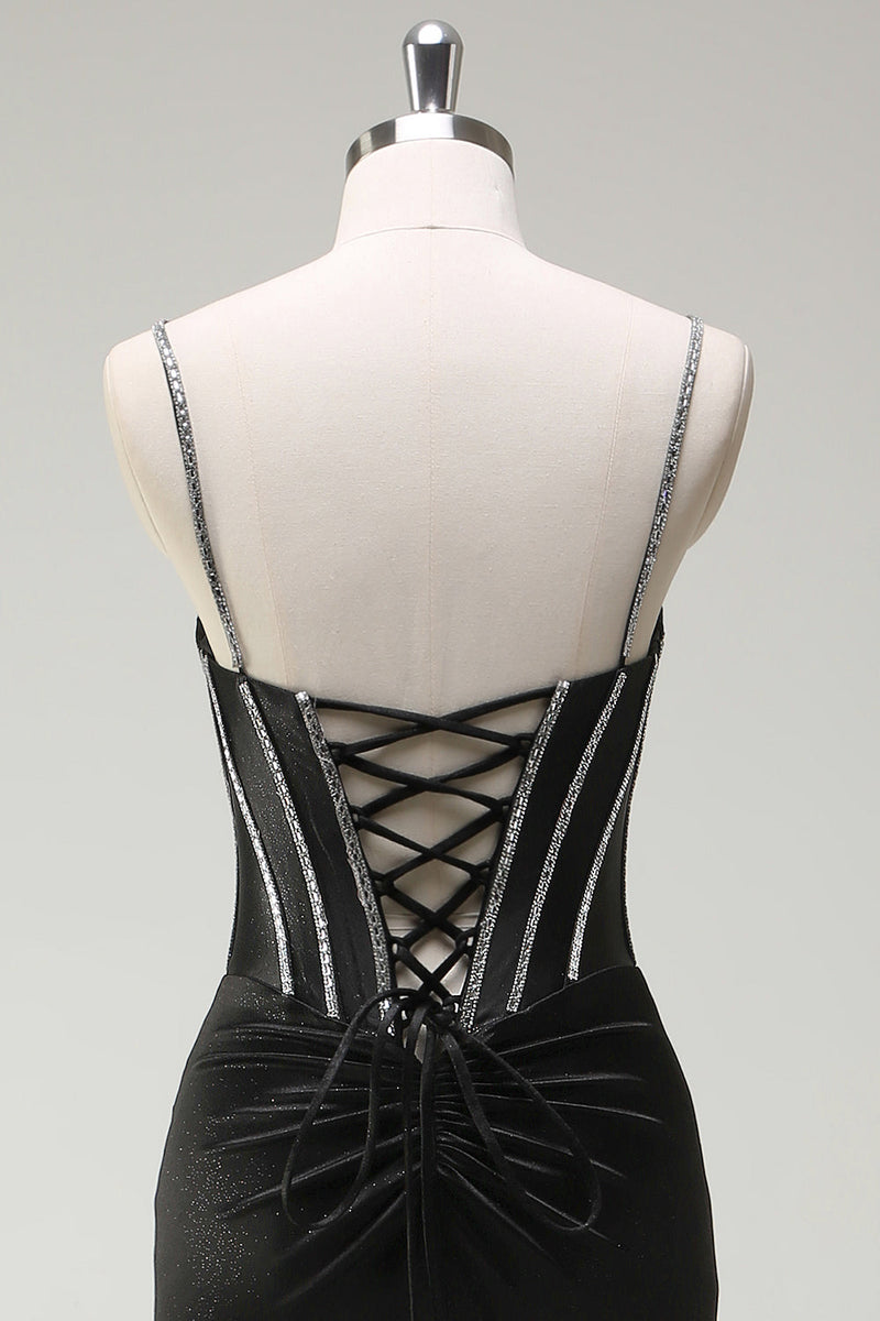 Load image into Gallery viewer, Black Mermaid Corset Spaghetti Straps Prom Dress With Slit