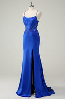 Load image into Gallery viewer, Royal Blue Mermaid Corset Appliqued Long Prom Dress