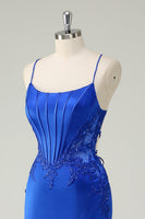 Load image into Gallery viewer, Royal Blue Mermaid Corset Appliqued Long Prom Dress
