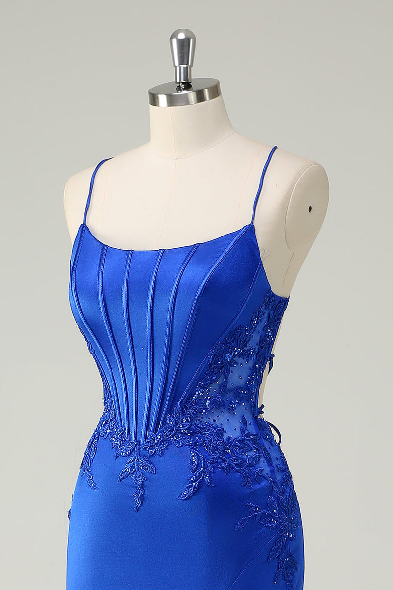 Load image into Gallery viewer, Royal Blue Mermaid Corset Appliqued Long Prom Dress