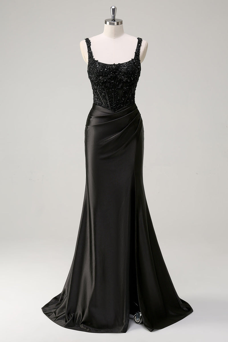 Load image into Gallery viewer, Sheath Black Spaghetti Straps Corset Beaded Long Prom Dress with Slit
