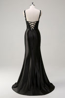 Load image into Gallery viewer, Sheath Black Spaghetti Straps Corset Beaded Long Prom Dress with Slit