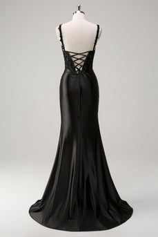 Sheath Black Spaghetti Straps Corset Beaded Long Prom Dress with Slit