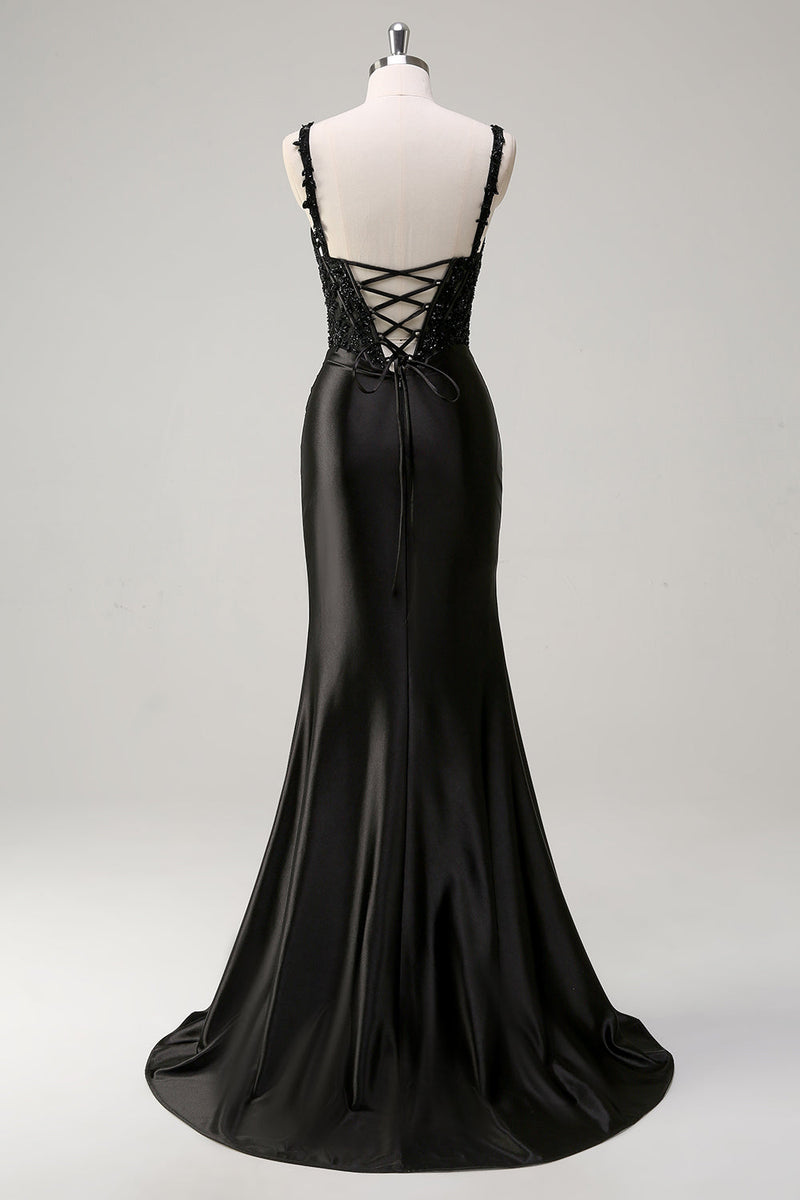 Load image into Gallery viewer, Sheath Black Spaghetti Straps Corset Beaded Long Prom Dress with Slit