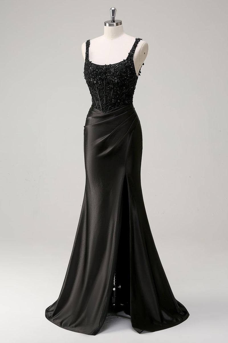 Load image into Gallery viewer, Sheath Black Spaghetti Straps Corset Beaded Long Prom Dress with Slit