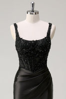 Load image into Gallery viewer, Sheath Black Spaghetti Straps Corset Beaded Long Prom Dress with Slit