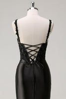 Load image into Gallery viewer, Sheath Black Spaghetti Straps Corset Beaded Long Prom Dress with Slit