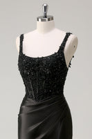 Load image into Gallery viewer, Sheath Black Spaghetti Straps Corset Beaded Long Prom Dress with Slit