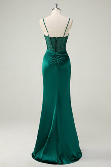 Dark Green Mermaid Spaghetti Straps Corset Long Prom Dress