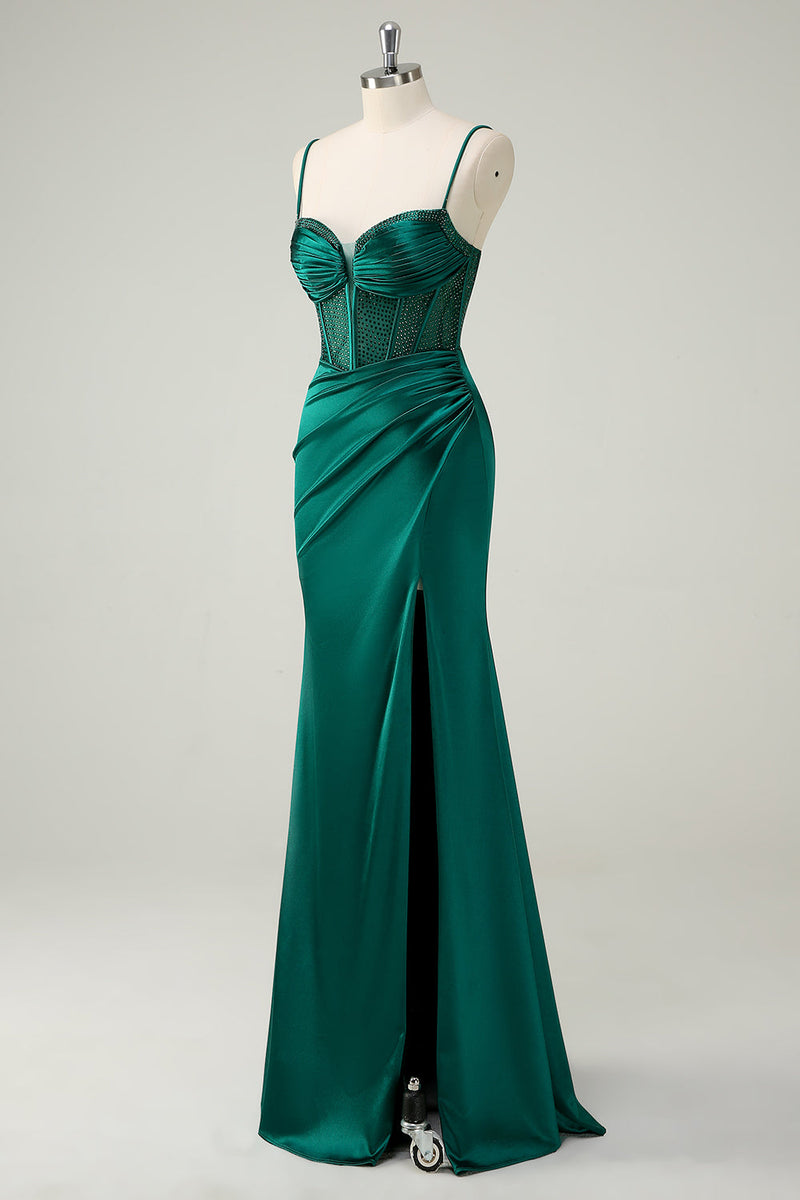 Load image into Gallery viewer, Dark Green Mermaid Spaghetti Straps Corset Long Prom Dress