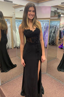 Load image into Gallery viewer, Spaghetti Straps Beaded Black Appliques Mermaid Long Prom Dress with Slit