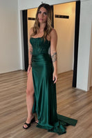 Load image into Gallery viewer, Sparkly Beaded Dark Green Mermaid Strapless Corset Long Prom Dress with Slit
