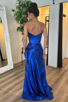 Load image into Gallery viewer, Strapless Royal Blue Corset Ruched Long Prom Dress with Slit