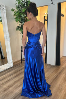 Strapless Royal Blue Corset Ruched Long Prom Dress with Slit