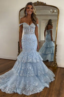 Load image into Gallery viewer, Sparkly Corset Off the Shoulder Light Blue Tiered Prom Dress with Sequins