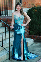 Load image into Gallery viewer, Sparkly Peacock Blue Metallic Corset Beaded Prom Dress with Slit