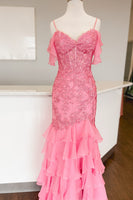 Load image into Gallery viewer, Yellow Cold Shoulder Corset Appliques Tiered Prom Dress with Slit