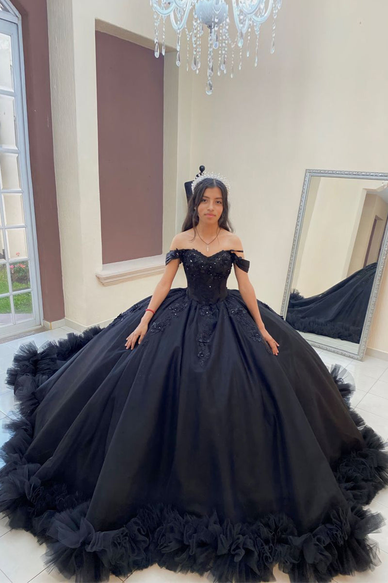 Load image into Gallery viewer, Off the Shoulder Black Appliques Long Quinceanera Dress