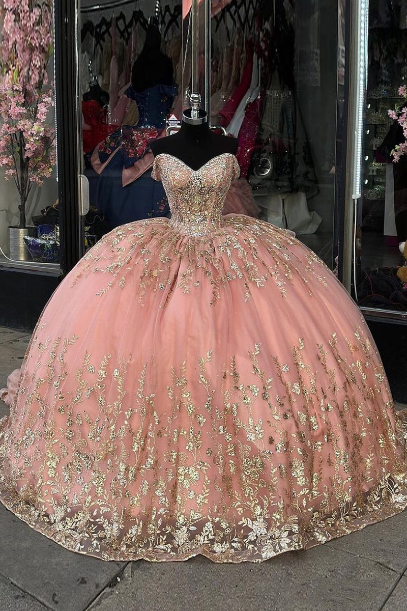 Load image into Gallery viewer, Glitter Blush Long Tiered Quinceanera Dress with Gold Appliques