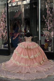 Glitter Blush Long Tiered Quinceanera Dress with Gold Appliques