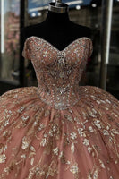 Load image into Gallery viewer, Glitter Blush Long Tiered Quinceanera Dress with Gold Appliques