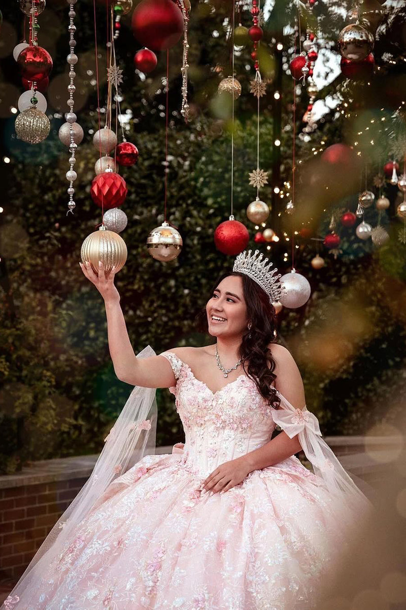 Load image into Gallery viewer, Light Pink Off the Shoulder Corset Long Quinceanera Dress with Appliques