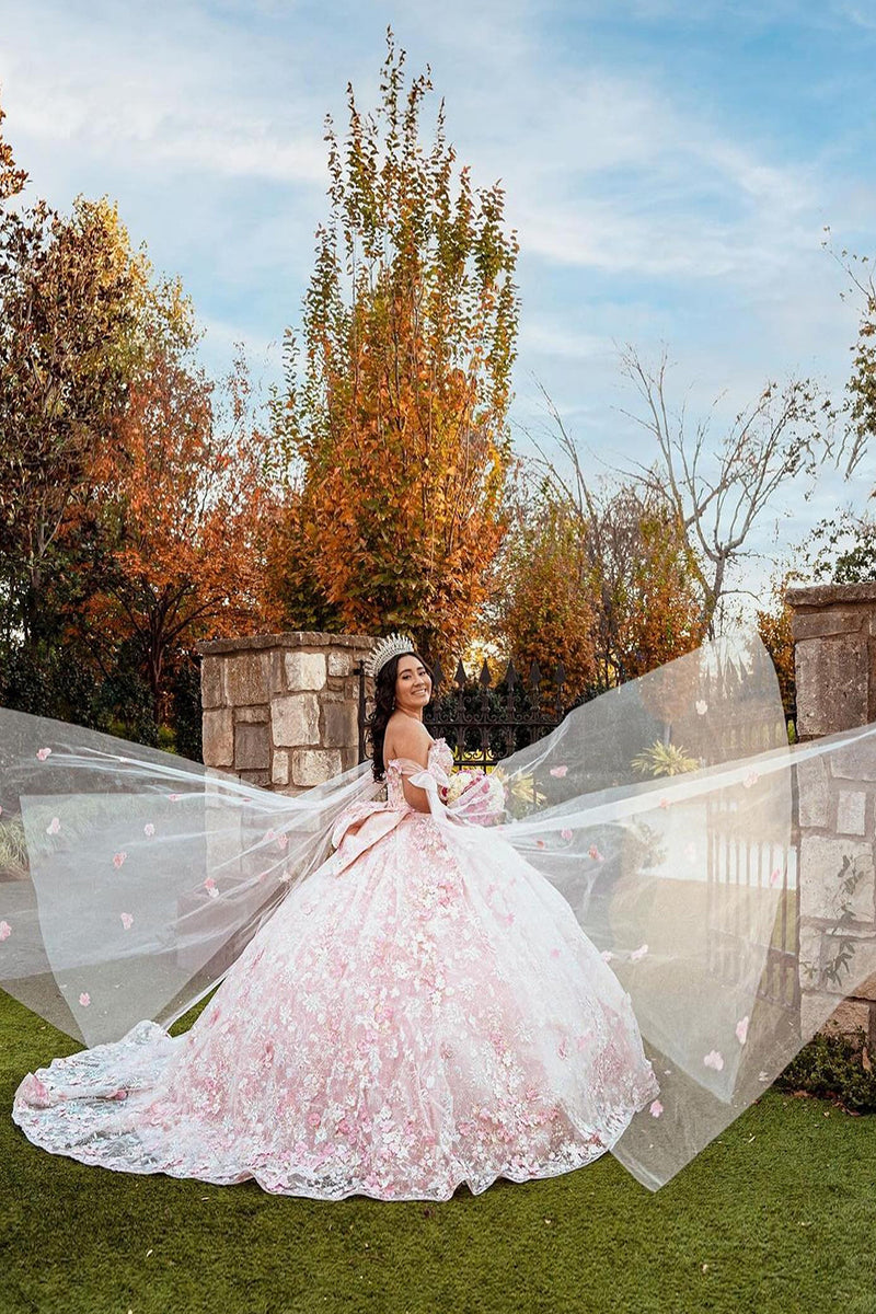 Load image into Gallery viewer, Light Pink Off the Shoulder Corset Long Quinceanera Dress with Appliques