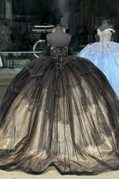 Load image into Gallery viewer, Black Apricot Ruffles Sweet 16 Birthday Ball Gown with Polka Dots