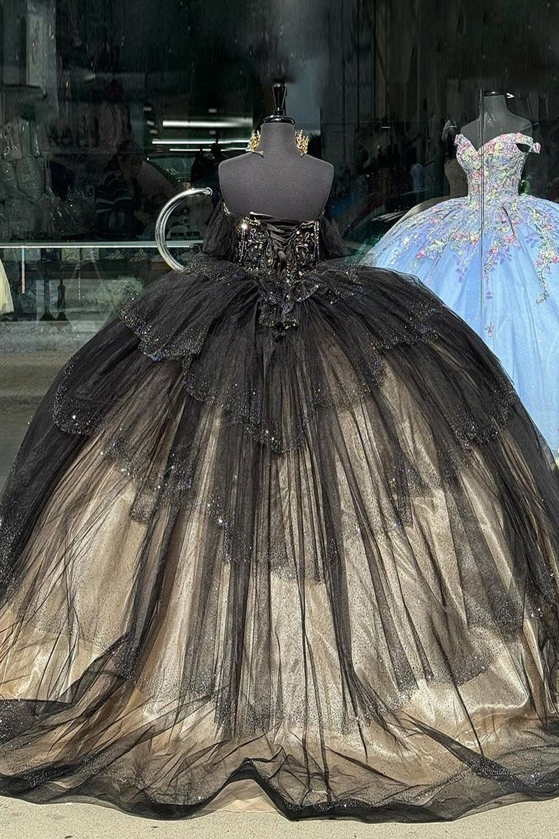 Load image into Gallery viewer, Black Apricot Ruffles Sweet 16 Birthday Ball Gown with Polka Dots