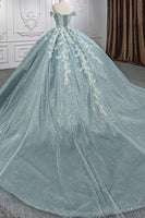 Load image into Gallery viewer, Glitter Grey Green Off the Shoulder Pleated Long Ball Gown with Appliques