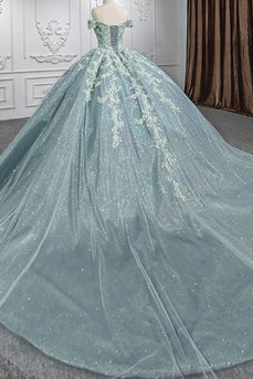 Glitter Grey Green Off the Shoulder Pleated Long Ball Gown with Appliques