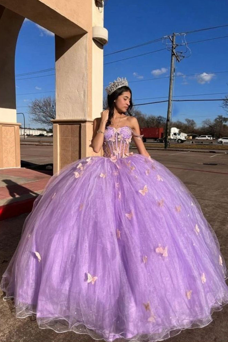 Load image into Gallery viewer, Sparkly Beaded Corset Spaghetti Straps Long Purple Ball Gown with Butterfly Appliques