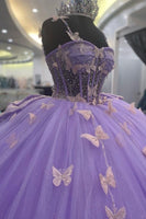 Load image into Gallery viewer, Sparkly Beaded Corset Spaghetti Straps Long Purple Ball Gown with Butterfly Appliques