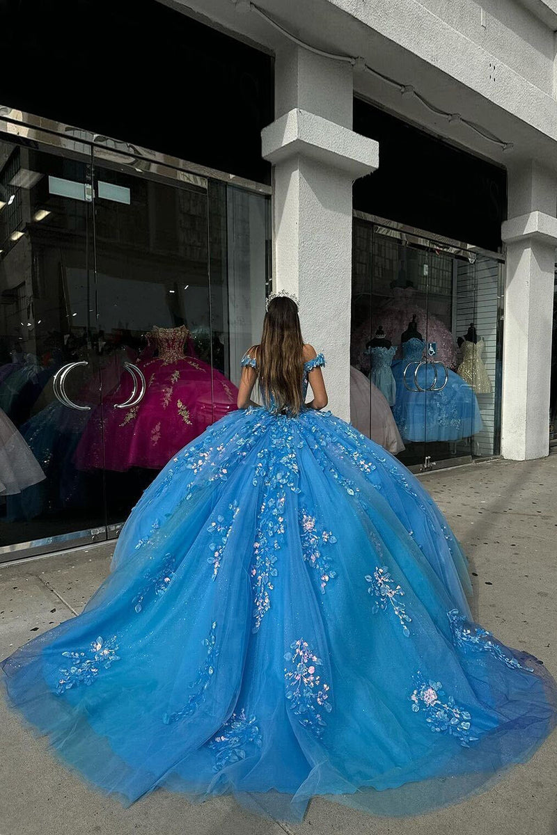 Load image into Gallery viewer, Sparkly Blue Long Corset Sequins Ball Gown with Off The Shoulder