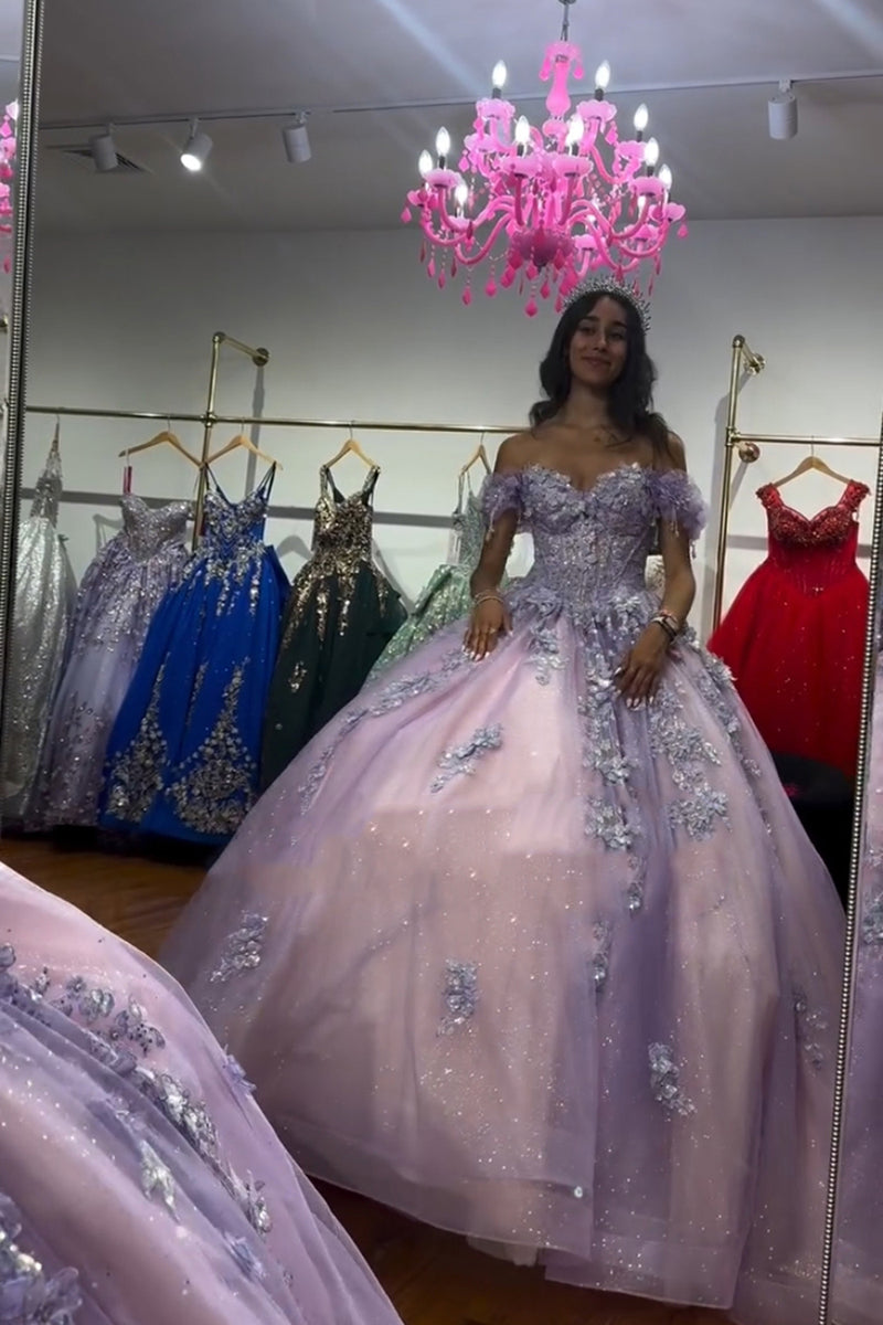 Load image into Gallery viewer, Lilac Sparkly Off The Shoulder Tulle Long Corset Quinceanera Dress with Sequins
